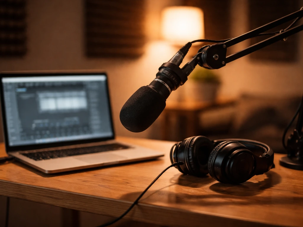 Minimal podcast studio desk with microphone, headphones, and a laptop recording screen in soft focus.