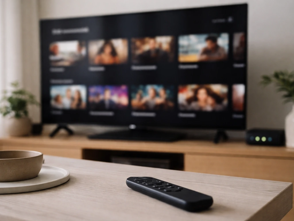 Un TV doméstico con interfaz de streaming borrosa y un control remoto, ambiente de distribución de medios.
