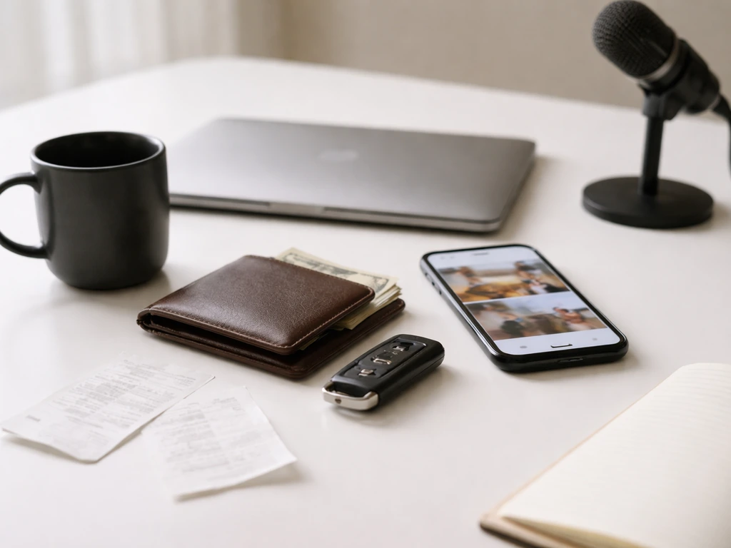 Desk scene with smartphone, laptop, wallet cash, keys, microphone—symbolizing public lifestyle signals, no text.