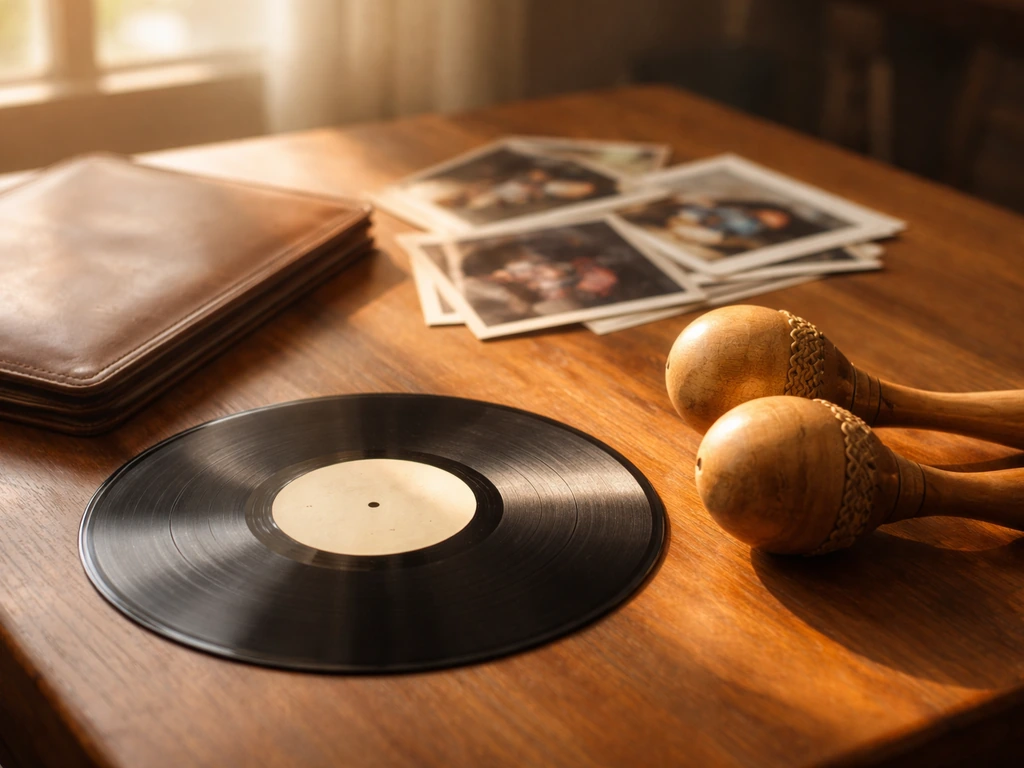 Vinyl record, maracas, and old music memorabilia on a wooden table to signal a merengue album era.