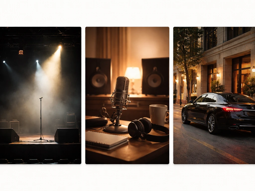 Minimal collage-like photo showing a timeline of music career phases with concert spotlight, studio gear, and cashless w