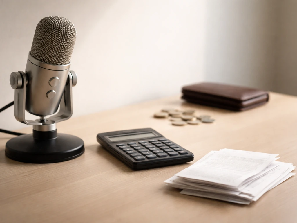 Minimal photo of a tidy desk with a microphone, calculator, and cash receipts suggesting shifting wealth estimates.