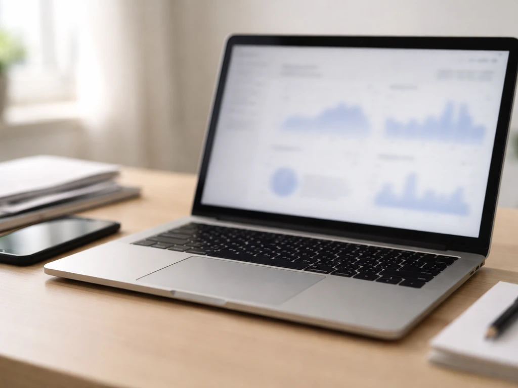 Minimal desk scene with laptop and phone, showing blurred analytics for verifying an estimate.