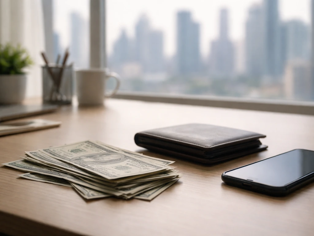 Minimal office desk with cash and a smartphone showing a vague wealth breakdown range