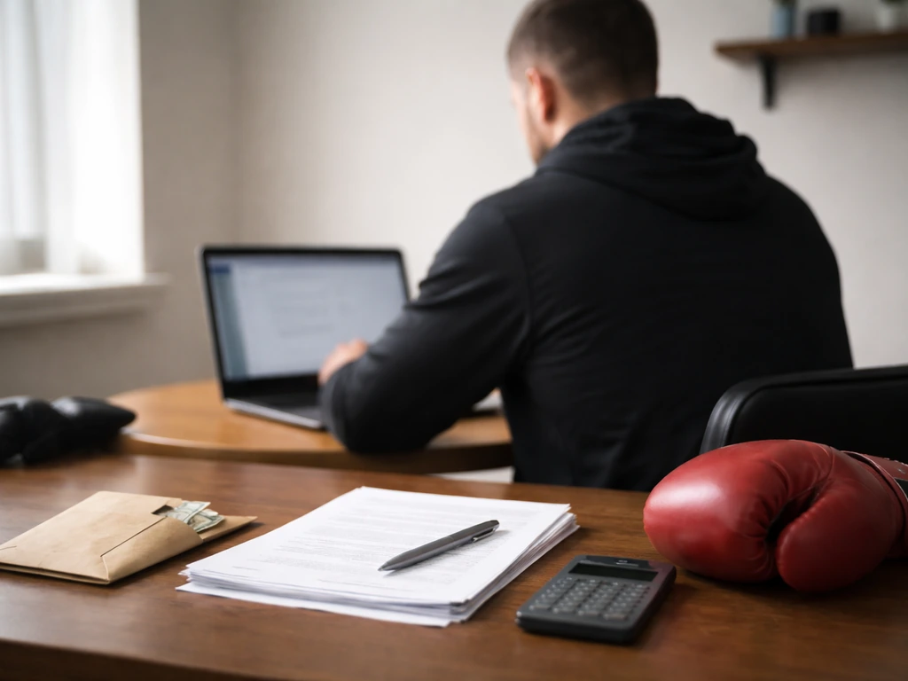 Anonymous boxing trainer at a desk with a laptop, papers, and a cash envelope symbolizing net-worth calculation
