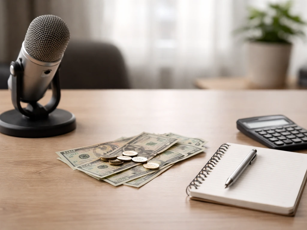 Minimal scene of a calculator, cash, and a notepad beside a microphone in a quiet office, symbolizing differing estimate