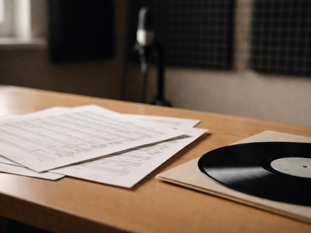 Close-up of a studio desk with sheet music and a vinyl record symbolizing music royalties