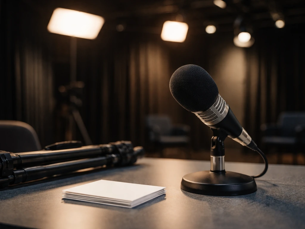 Minimal TV studio scene with a microphone and soft lights, suggesting acting and media work