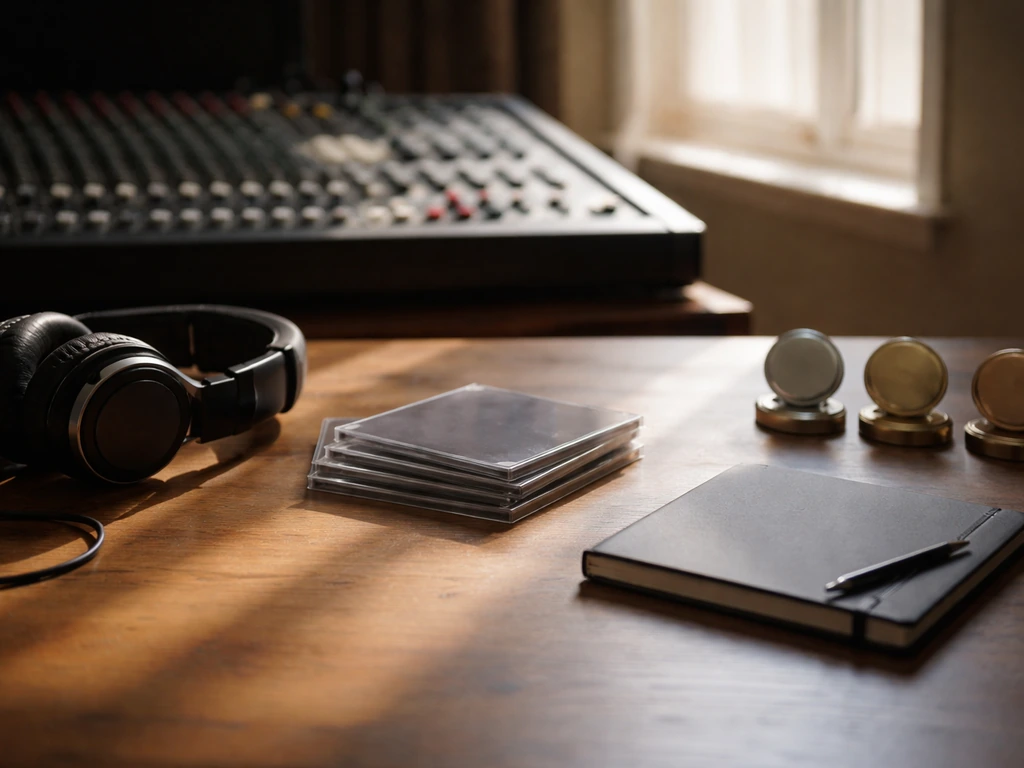 Minimal studio desk scene with subtle milestone-like objects suggesting a music career wealth timeline.