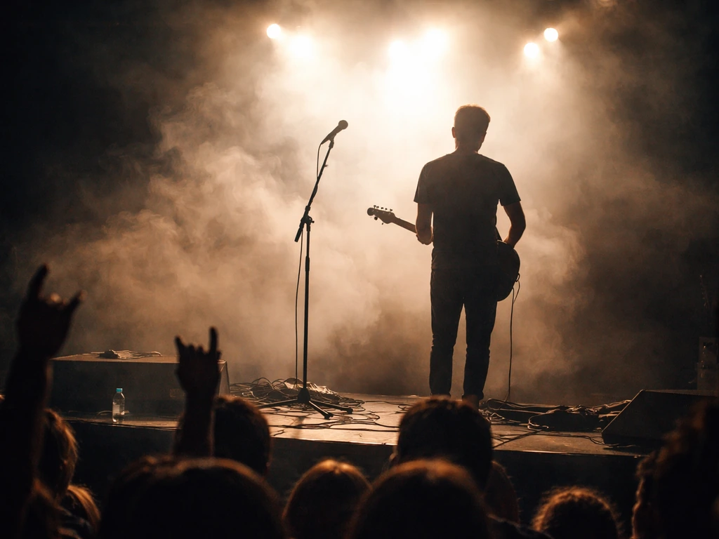 Anonymous musician performing on stage with raised hands and bright lights, captured from the audience.