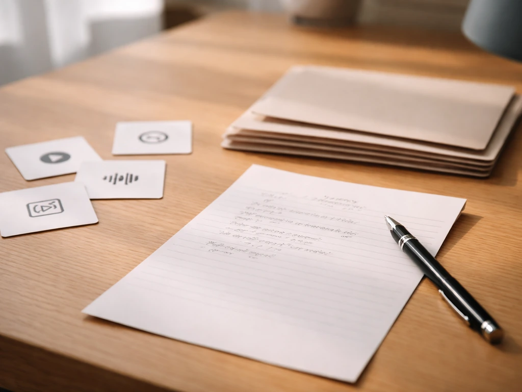 Close-up of lyric sheet with neatly arranged pen and music metadata icons, symbolizing songwriting royalties