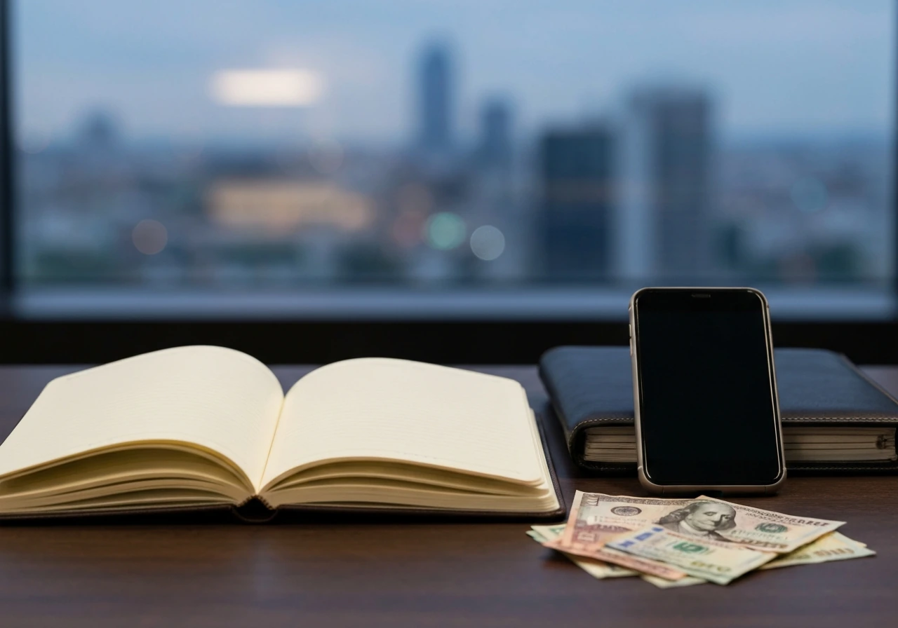 Minimal finance-themed desk scene with cash and blank notebook, symbolizing net-worth uncertainty range.