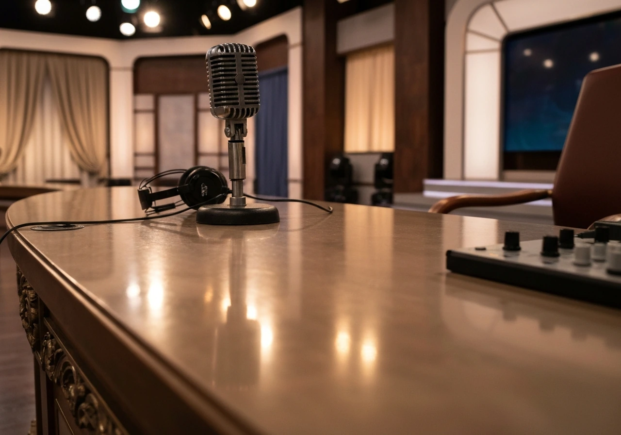 Retro Mexican TV studio setup with an illuminated host desk and microphone in soft stage lighting.