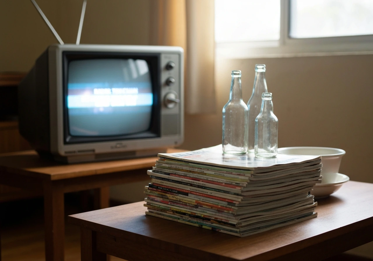 Minimal vintage living room scene with an old CRT TV glow and unlabeled magazines/bottles suggesting TV-era endorsements