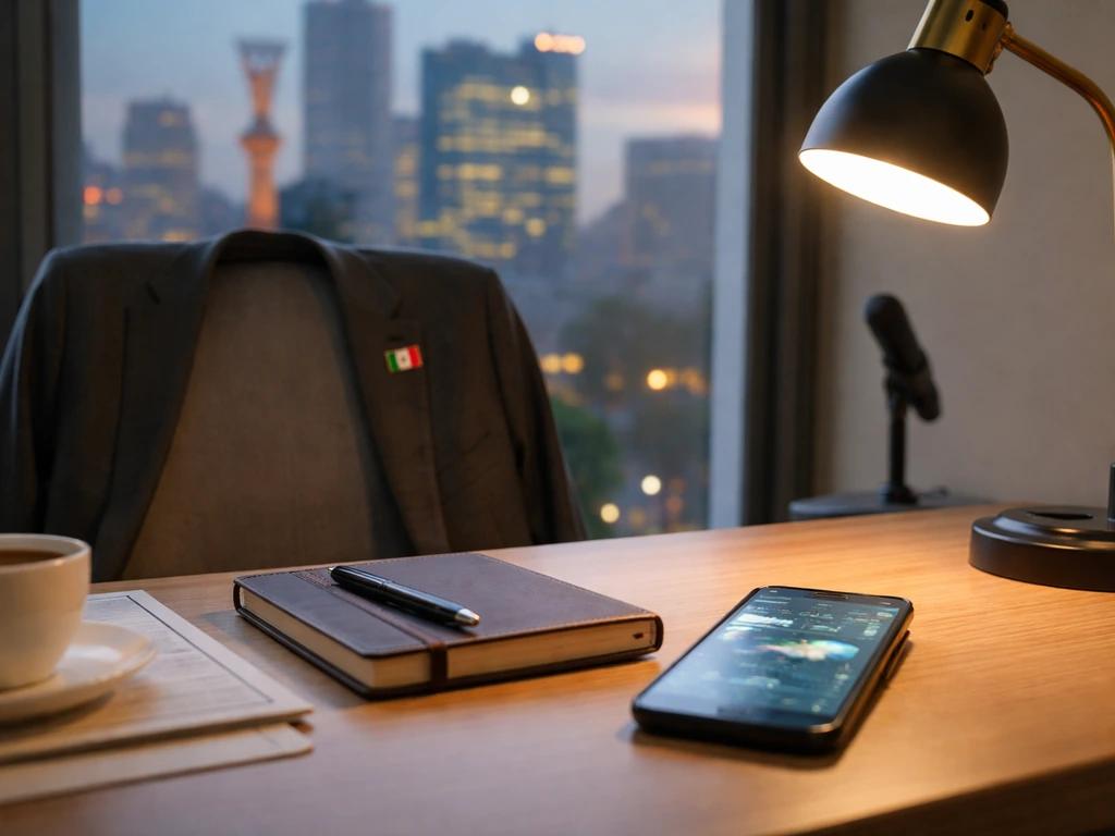 Minimal office desk with finance research items and a blurred Mexico City skyline at dusk