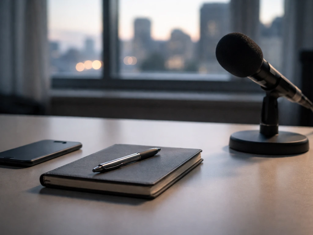 Empty newsroom-style office desk with a notebook, pen, and blurred city view—symbolic of media and public profile