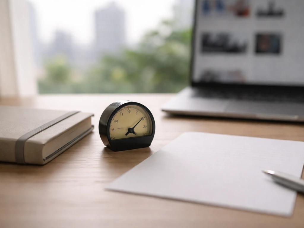 Minimal desk photo showing an unlabeled analog gauge beside blank office paper, symbolizing uncertain net-worth range.
