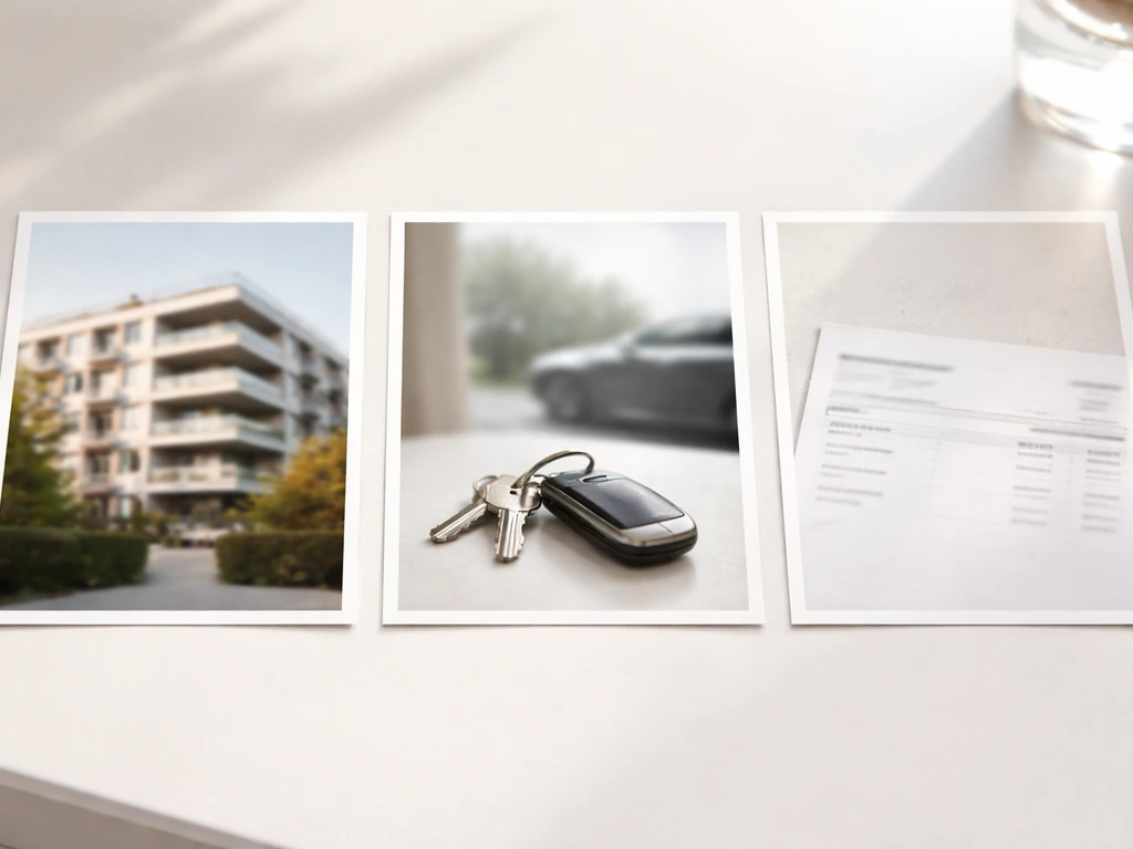 Minimal desk collage with blurred real-estate exterior, car keys, and a receipt-like document to suggest wealth signals.