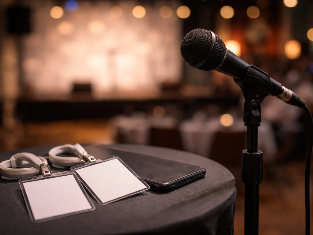 Empty interview microphone on a stage, with soft city lights suggesting media and celebrity finance coverage.