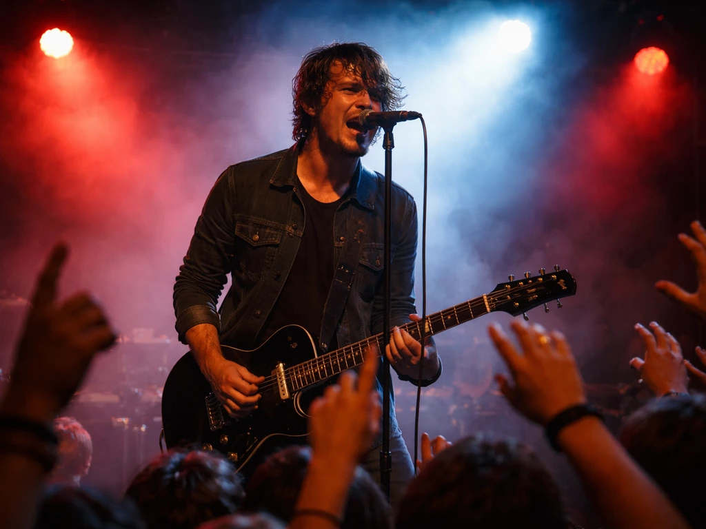 Rock frontman singing with electric guitar onstage, colored lights, and an out-of-focus crowd reaching up.