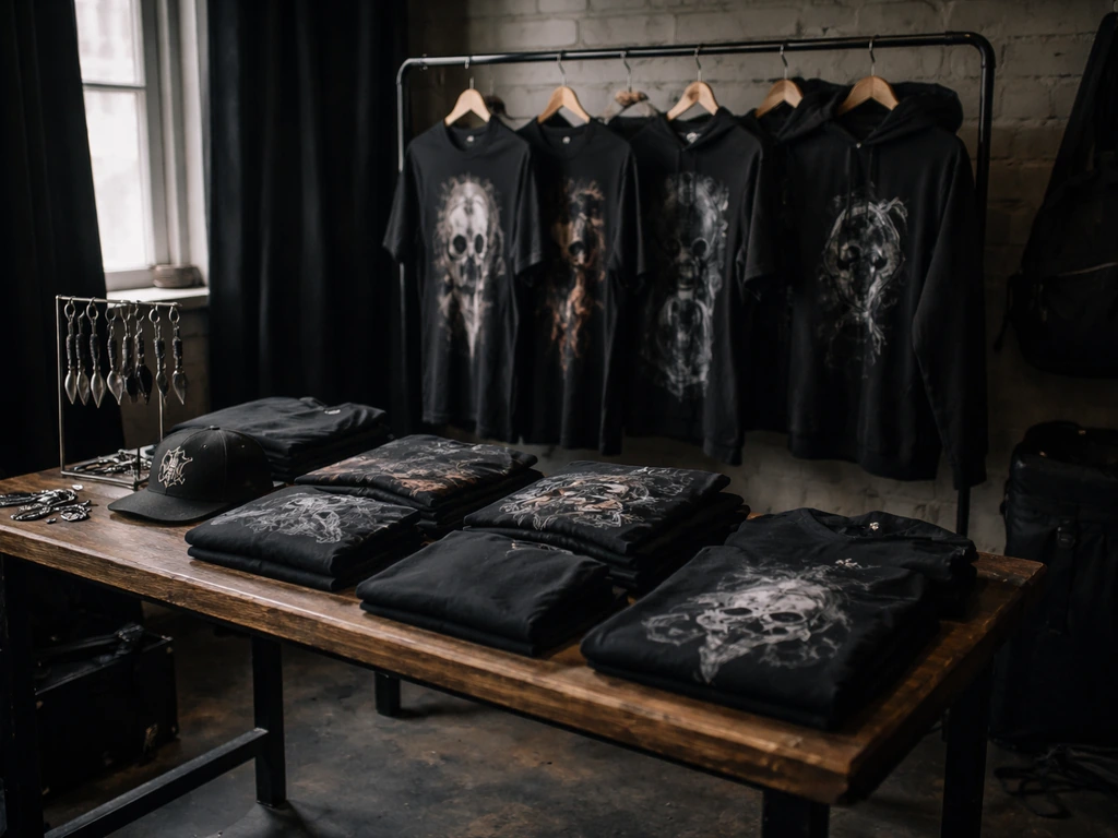 Store rack with Pierce the Veil-style band shirts, hoodies, and accessories laid out for merch sales.