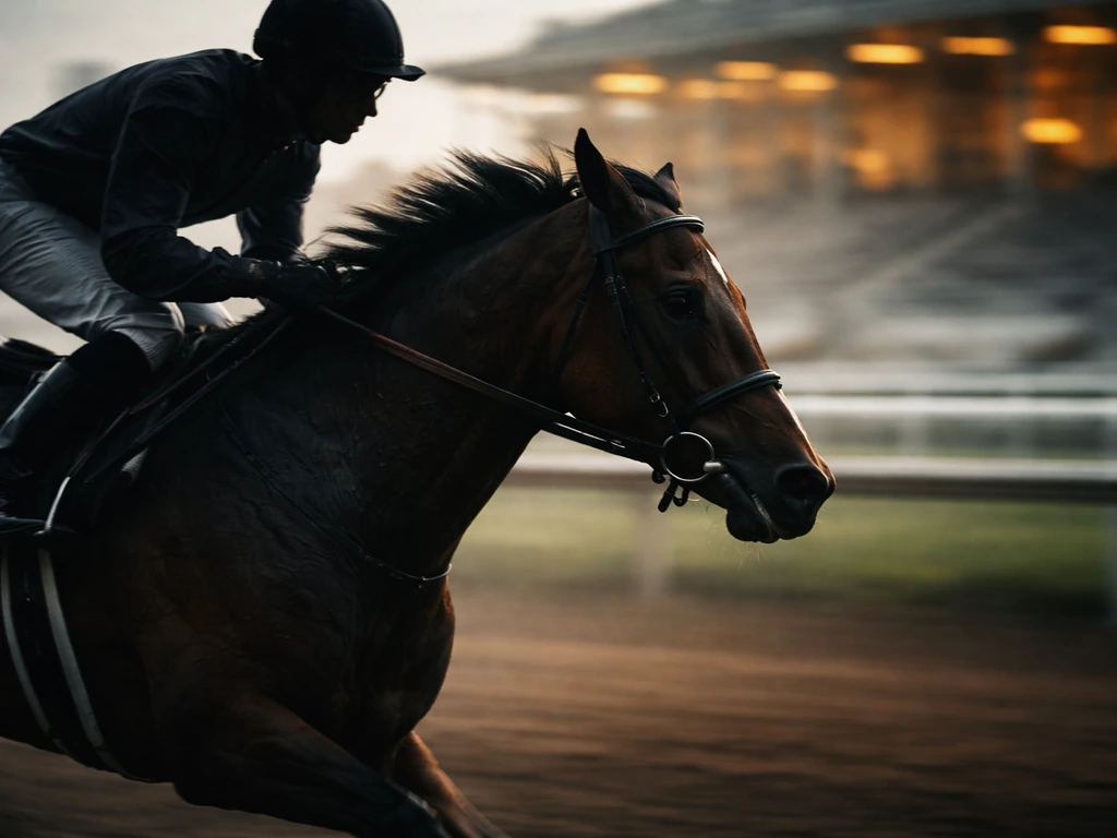 Anonymous jockey silhouette on a racehorse at a U.S. thoroughbred track in natural morning light.