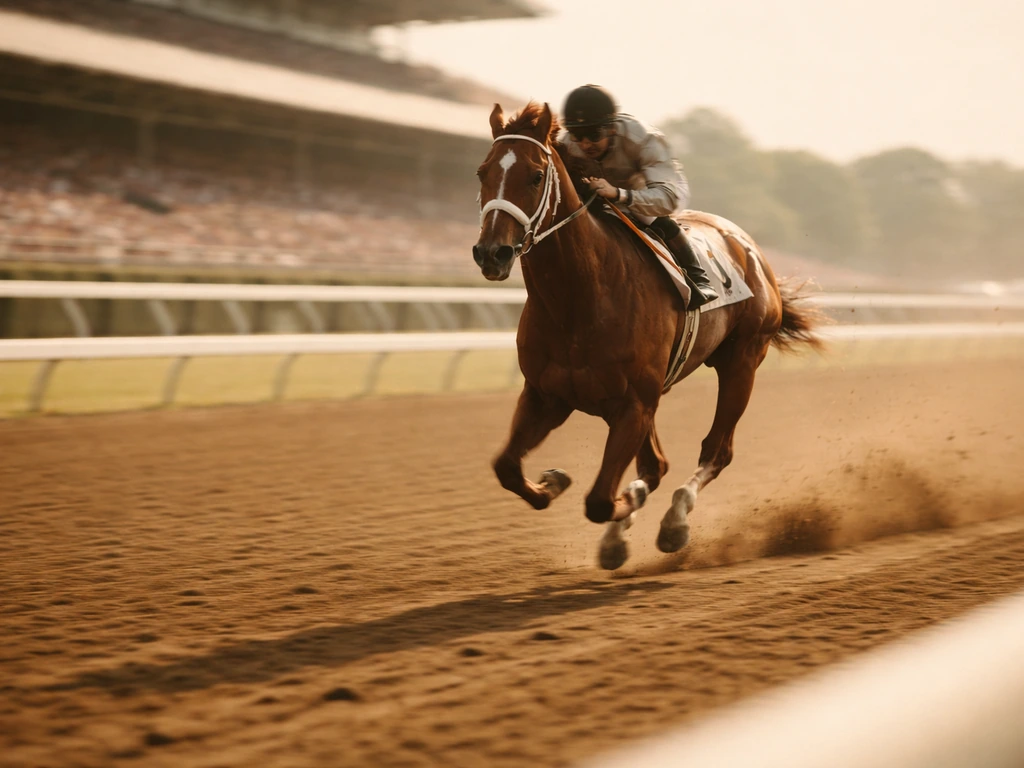 Chestnut thoroughbred racing on a sunny dirt track, rider indistinct, retro era feel.