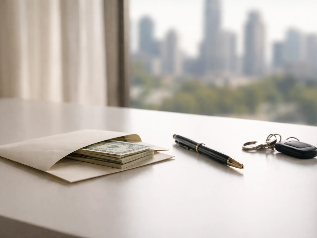 Minimal photo of a banker’s desk with a cash envelope and blurred city skyline, suggesting net worth estimation range