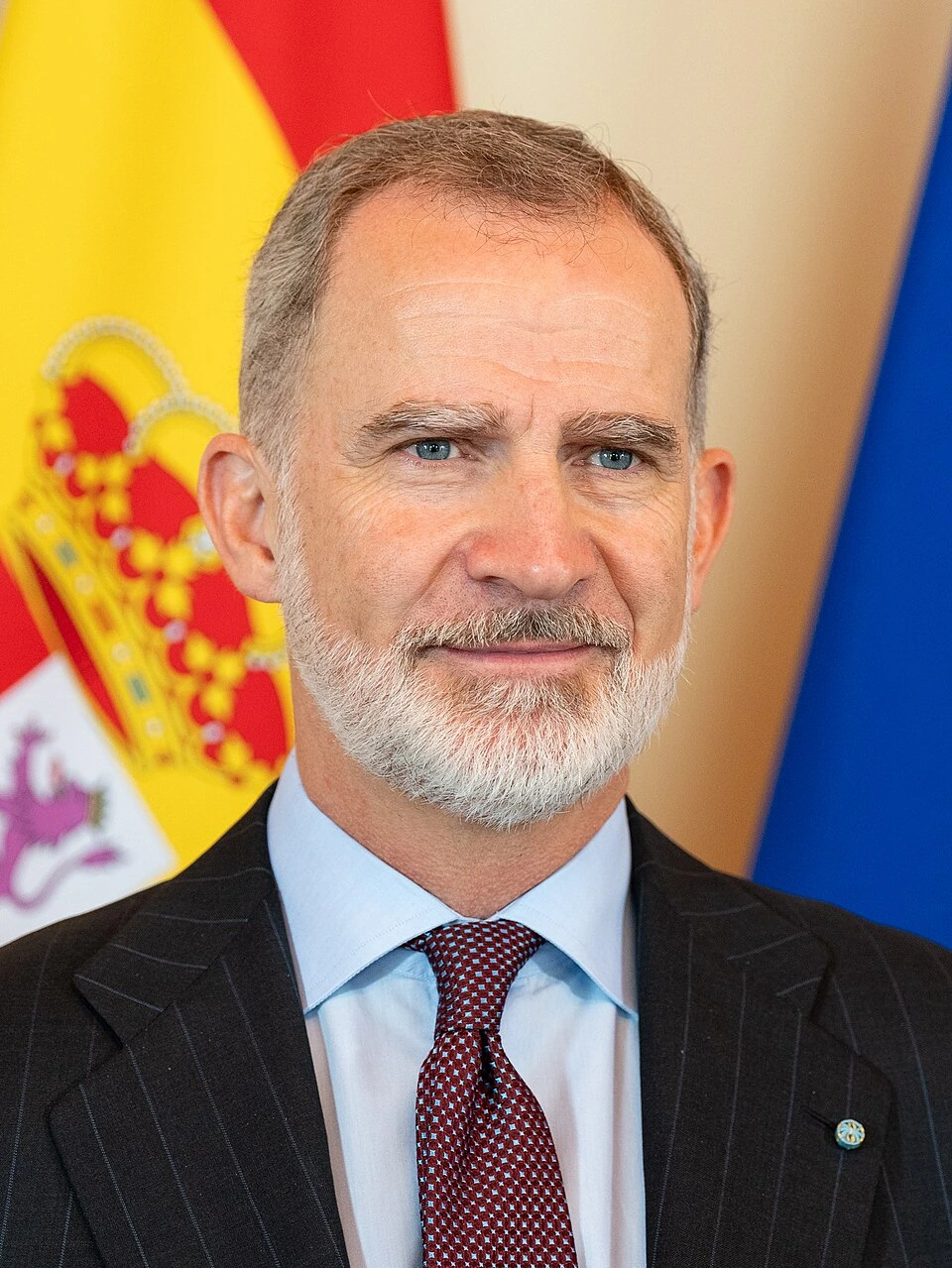 Felipe VI, King of Spain, in a formal portrait with the Spanish flag in the background.