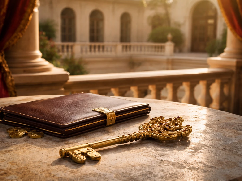 Symbolic royal and wealth theme: Spanish palace-style balcony with gold-toned details and a blurred ledger-like folder
