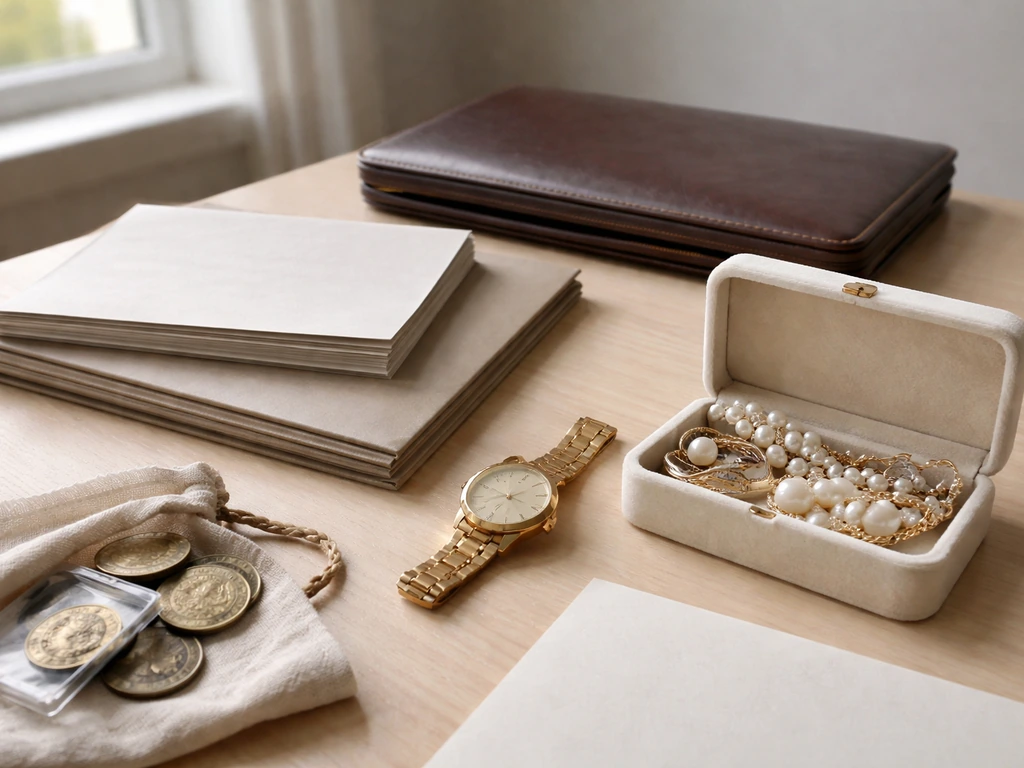 Tabletop still life of blank finance papers and luxury jewelry/art props under natural light.