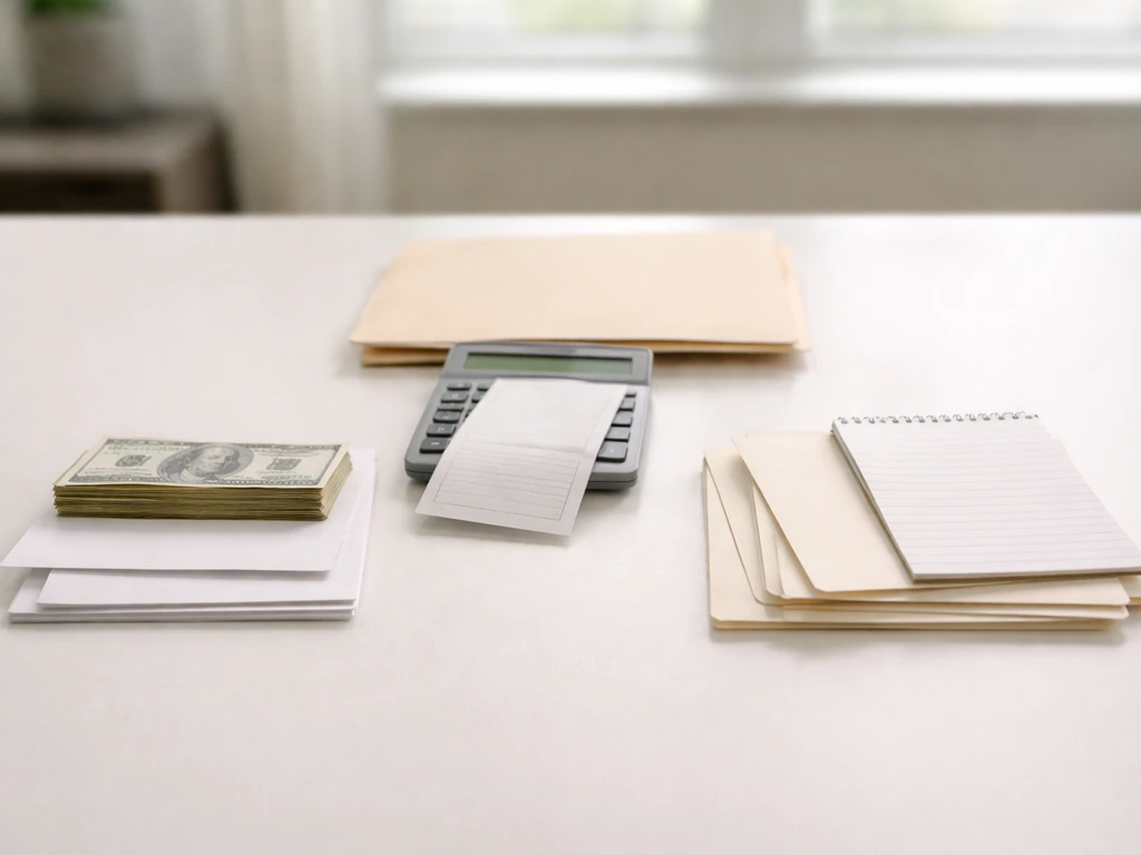 Minimal desk scene showing blank asset vs liability cards, money, calculator, and envelopes in natural light.