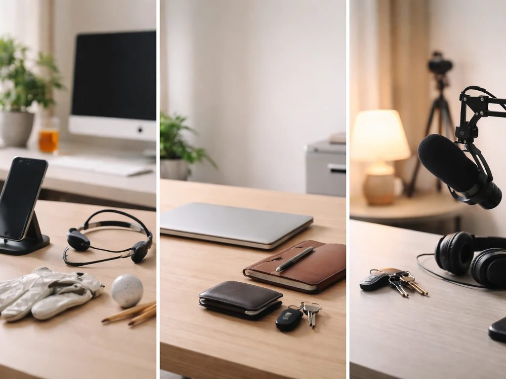 Three anonymous business-styled desk scenes symbolizing different Manolo Vega identities
