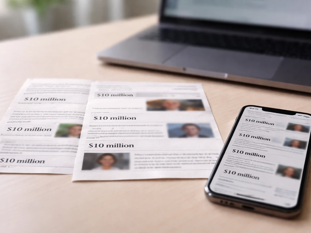Minimal desk scene with blurred phone and laptop showing repeated money-claim snippets.