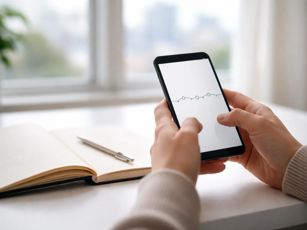 Minimal desk scene with a smartphone showing a timeline-style progression and an open notebook