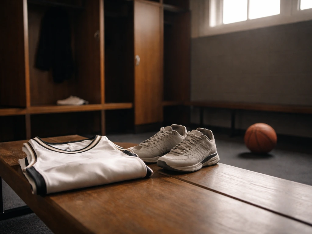 Unoccupied locker room scene with a basketball jersey, sneakers, and a ball suggesting pro-era income analysis.