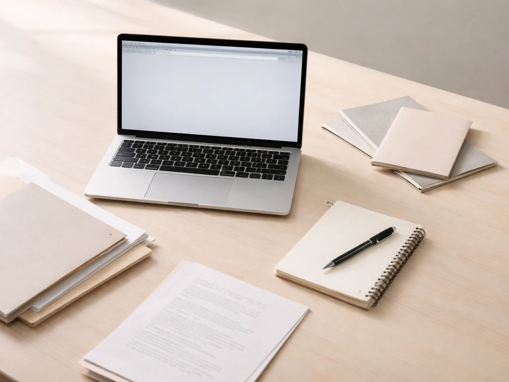 Flat-lay of laptop with blank notes and public finance sources for due diligence verification