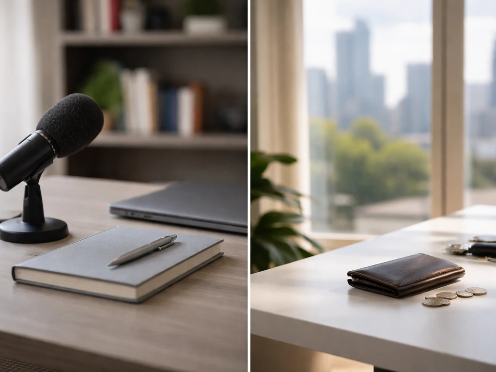 Minimal side-by-side style images showing business coaching and wealth themes with anonymous desk and microphone
