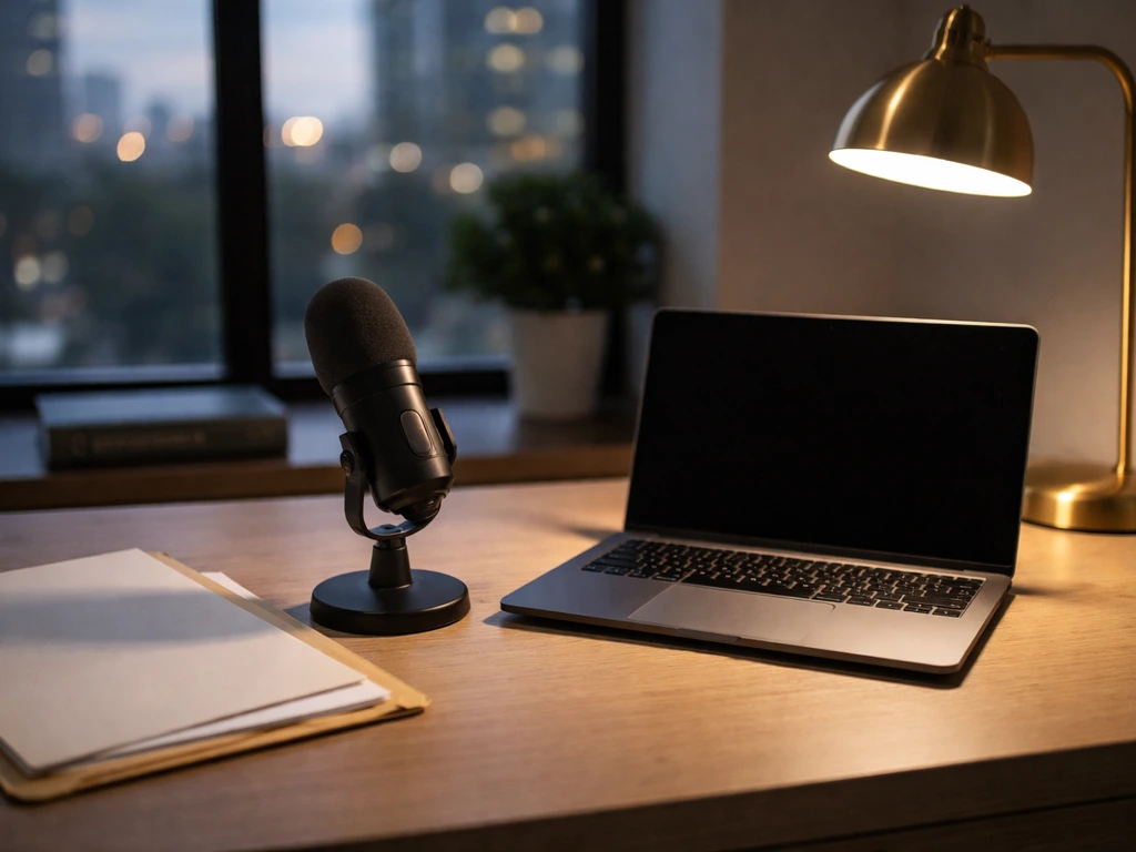 Minimal desk with microphone, papers, and laptop beside a city window at dusk, symbolizing public business signals