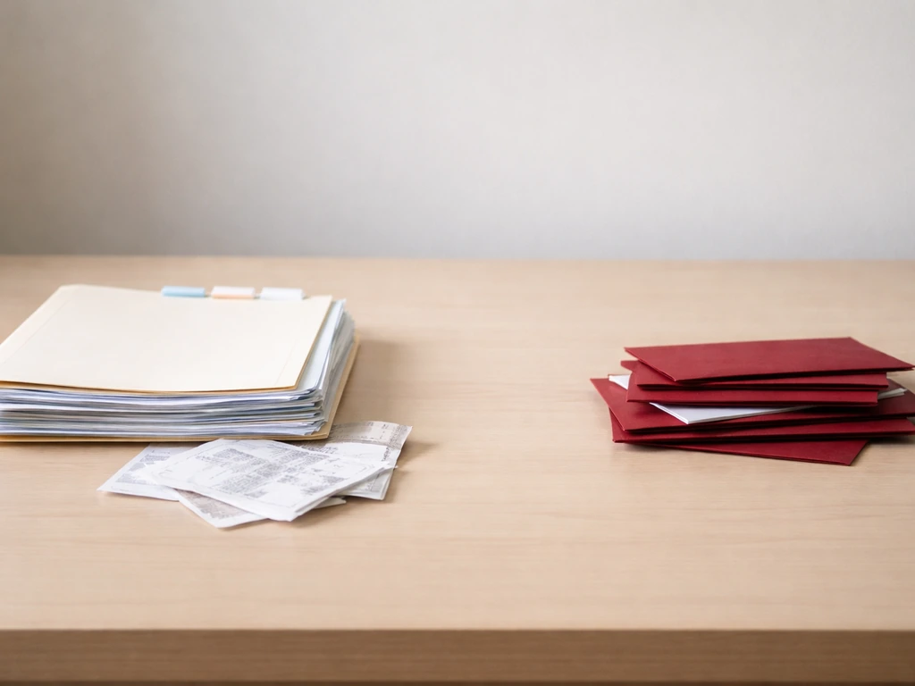 Minimal photo of office desk with folder of documents and a separate stack of red-debt envelopes for contrast
