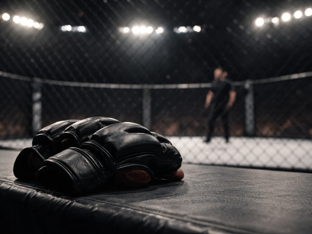 UFC-style octagon cage-side scene with gloves and a fight-night atmosphere, minimal and dramatic lighting.