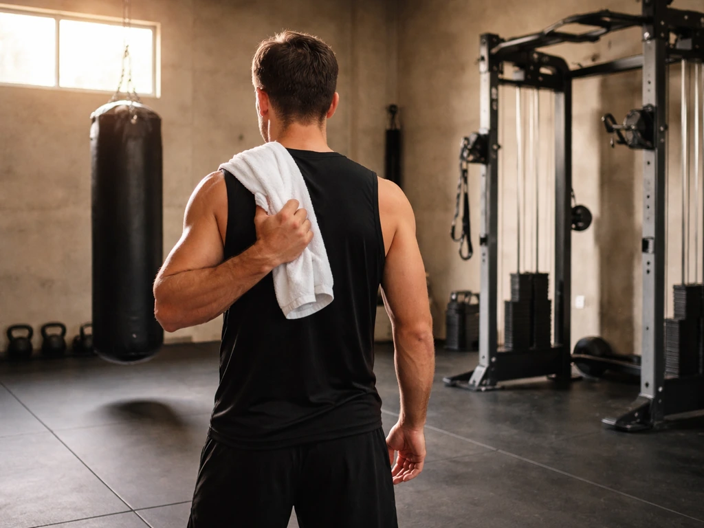 Anonymous fighter in a clean MMA gym, by training equipment, conveying business ventures lifestyle.