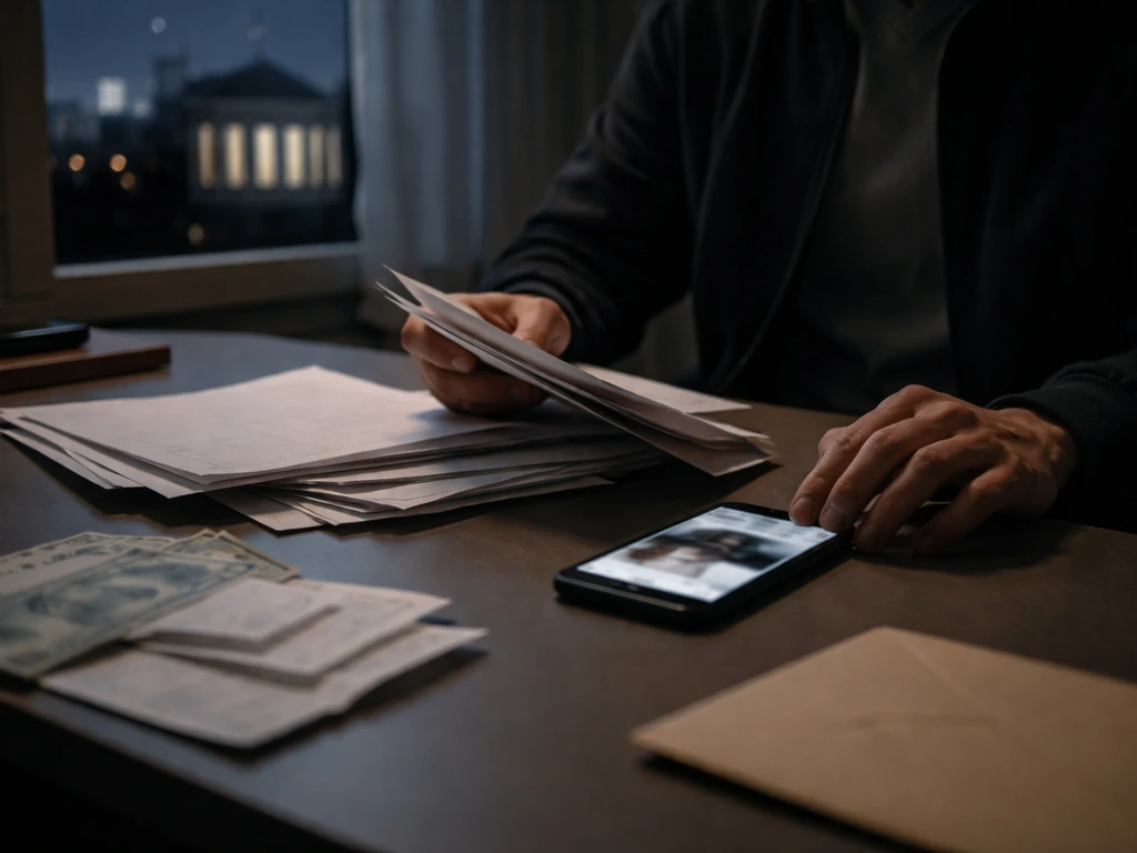 Anonymous office desk scene with plain documents and blurred news-style phone, city/courthouse vibe at night.