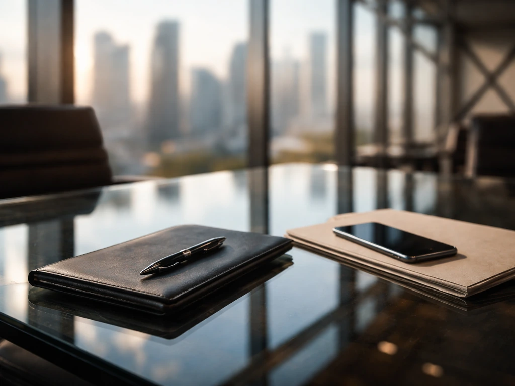 Minimal luxury office desk with pen and notebook, skyline through windows, symbolizing tracked corporate wealth.
