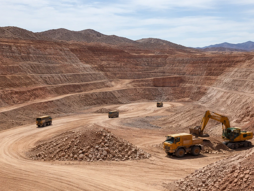 Mina de cobre a cielo abierto con excavadoras y camiones en un paisaje desértico
