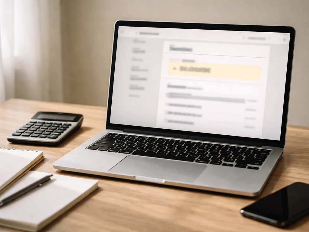 Laptop showing an anonymous finance webpage-style layout and a calculator beside it