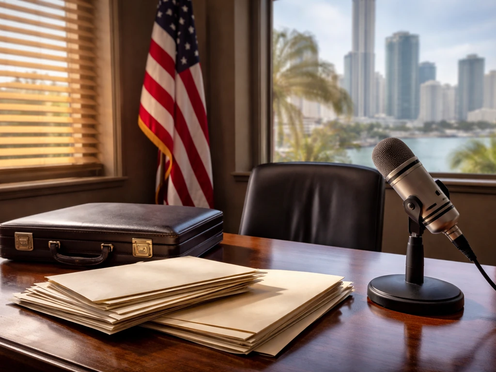 Minimal Florida office scene with legal folders, a briefcase, a microphone, and a blurred skyline through a window