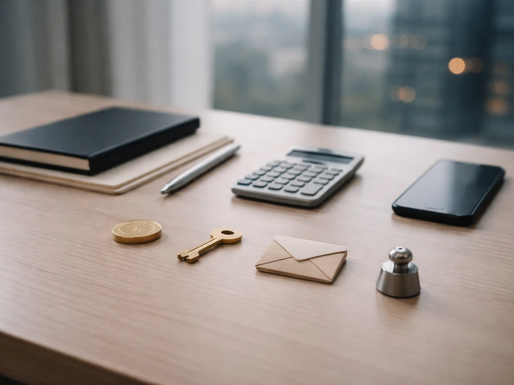Minimal office desk with notebook, pen, calculator, and symbolic tokens suggesting a net-worth range checklist.