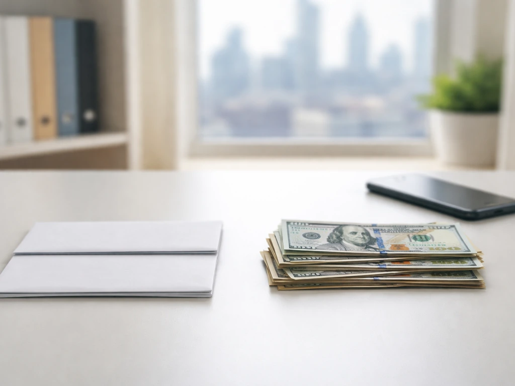 Minimal desk scene with two piles of money side-by-side suggesting combined vs individual net worth context.