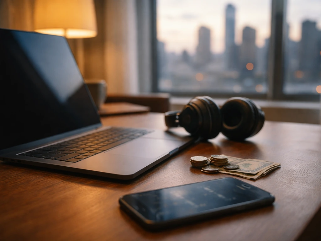 Minimal desk scene with laptop, blurred analytics vibe, and coins suggesting calculating net worth.